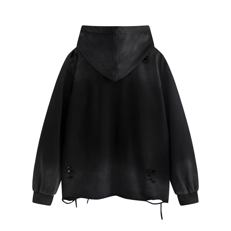 Streetwear Hoodie embroidery gradual change color hooded sweater vintage washed do old ripped hoodie