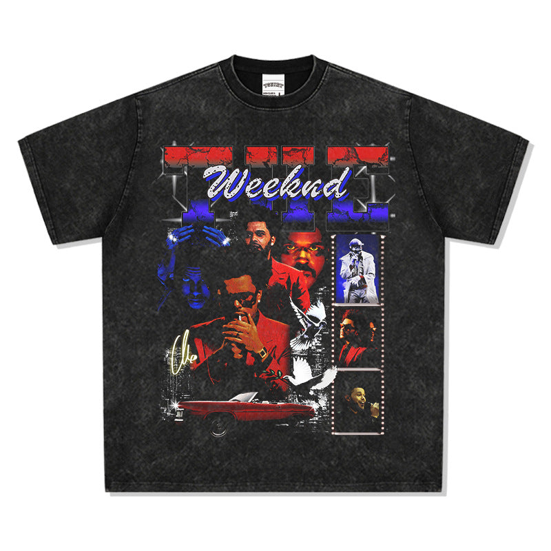 Streetwear masculino vintage, hip hop the Weeknd print short sleeve t-shirt