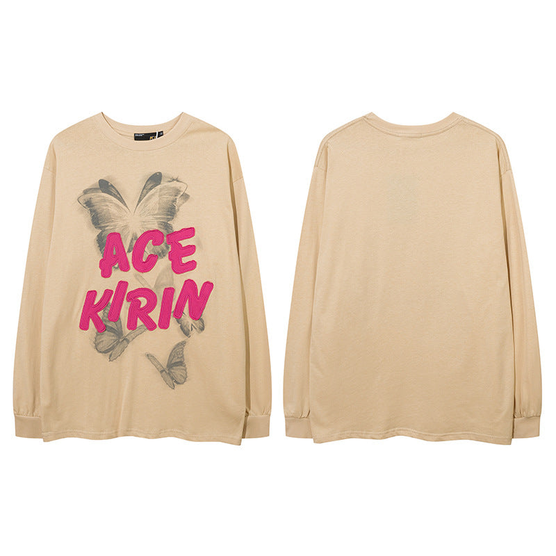 Vintage T Shirts Hip Hop Butterfly Letter Embroidery Long Sleeve T-Shirt