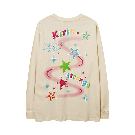 Vintage T Shirts Hip Hop Star Color Print Long Sleeve T-Shirt