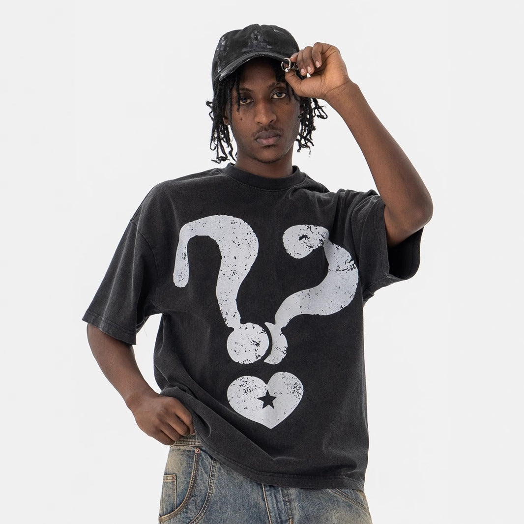 Vintage 90s Hip Hop Clothing Summer Cartoon Question Mark Washed Short Sleeve T-Shirt