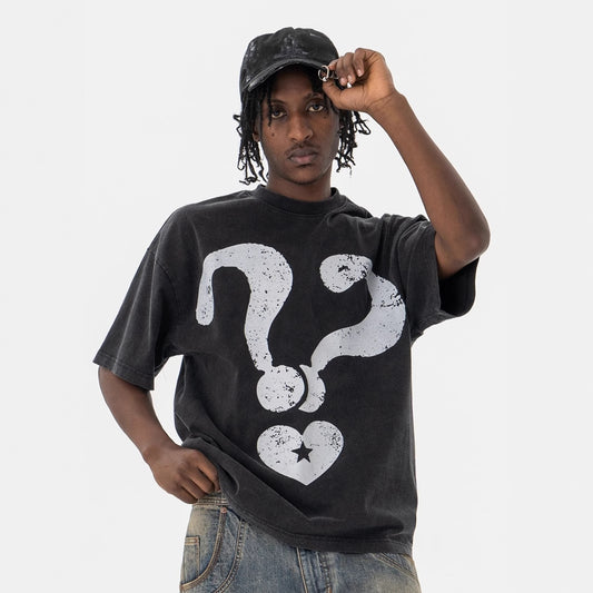 Vintage 90s Hip Hop Clothing Summer Cartoon Question Mark Washed Short Sleeve T-Shirt