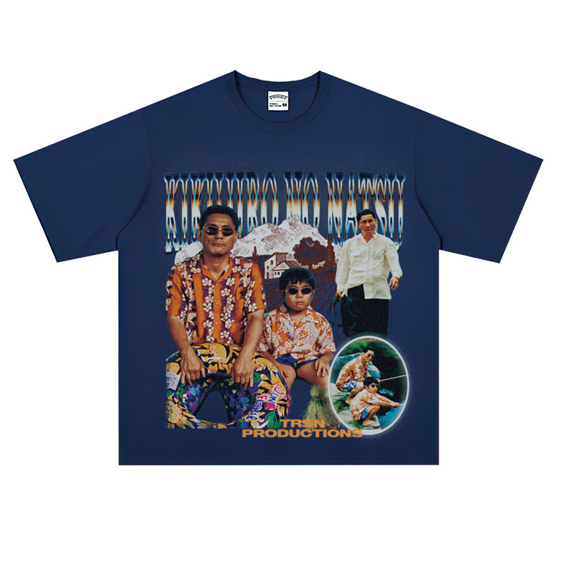 Film Star T Shirt Summer Loose Heavy round Neck Street T-shirt Men and Women