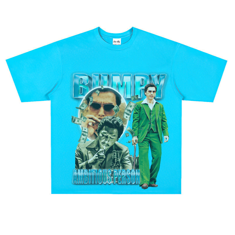 Film Star T Shirt Loose Heavy Retro Street Cotton Small Neckline T-shirt for Men and Women