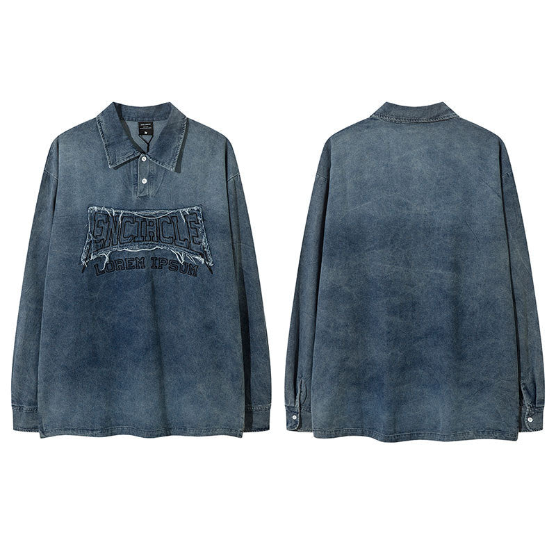 Marcas De Streetwear Denim Lapel POLO Shirt Loose Oversize Washed Long Sleeve T-Shirt