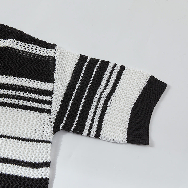 Nyc 1990 Shirt Casual Loose Knitted Sweater POLO Neck Lapel Hollow Stripe