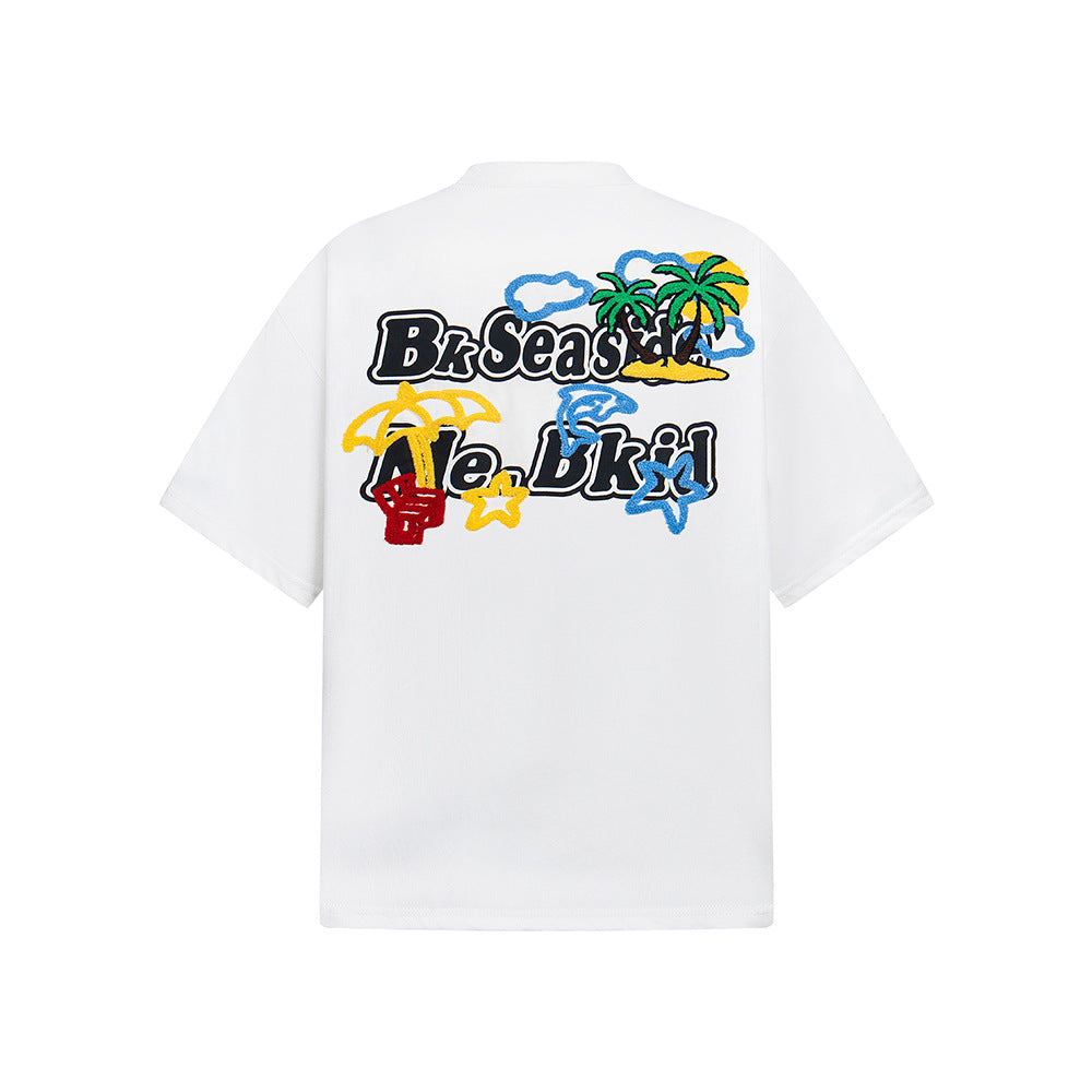 Hip Hop Clothes New York Vintage Alphabet Coconut Embroidered Short Sleeve T-Shirt