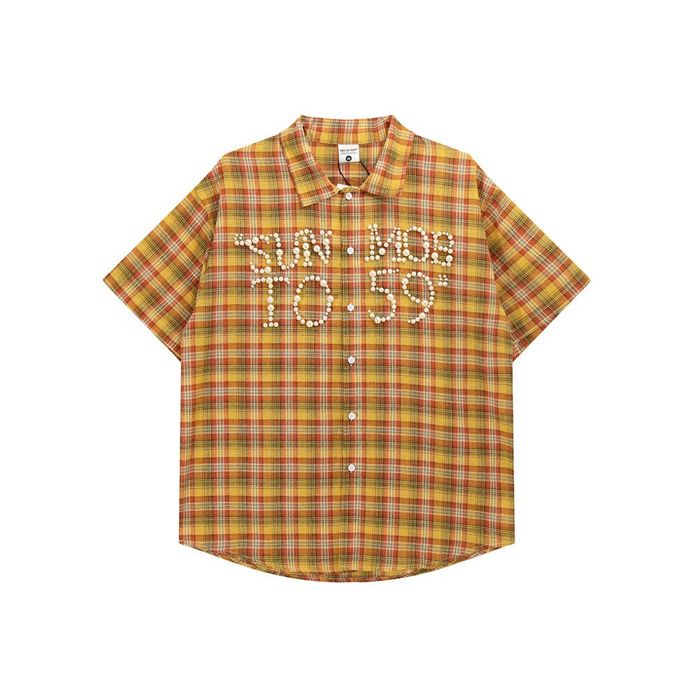 Nostalgia T Shirts Dopamine Yellow Checked Shirt Short Sleeve Summer Loose Polo Lapel Top