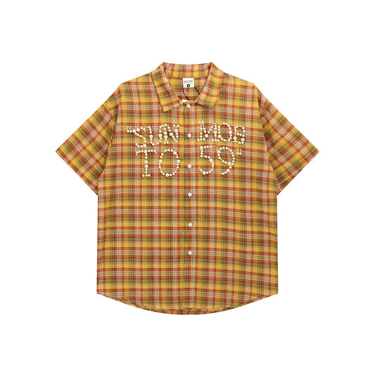 Nostalgia T Shirts Dopamine Yellow Checked Shirt Short Sleeve Summer Loose Polo Lapel Top
