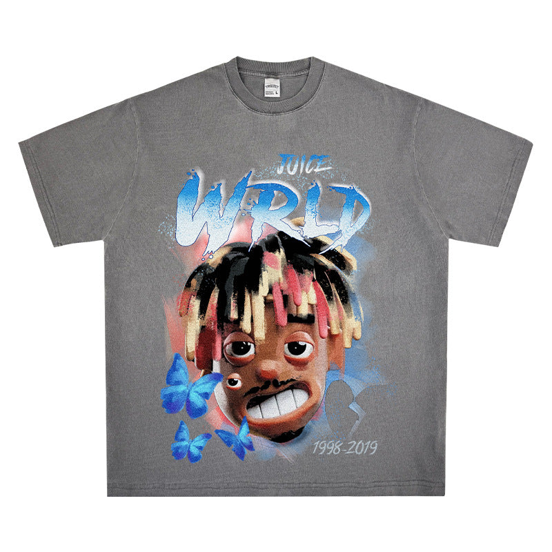 Cool t rapper rap Juice Wrld print hip hop short sleeve vintage loose