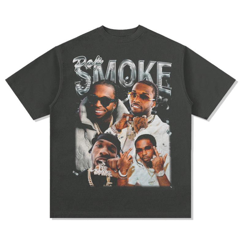 Cool t rapper Vintage Hip Hop Pop Smoke Printed Short Sleeve T-Shirt Washed Casual Loose Crew Neck