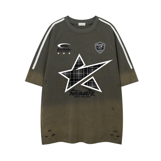 Ye T Shirt summer retro gradual change color washed short sleeve T-shirt