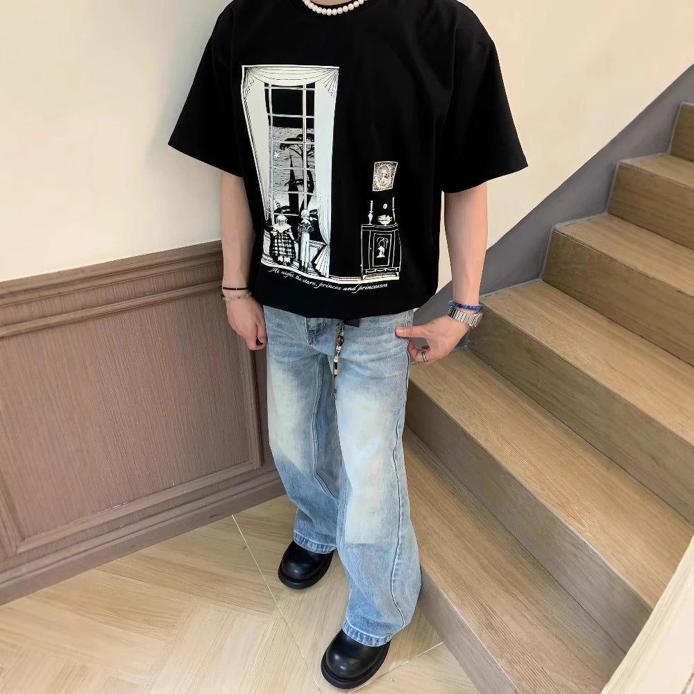 Streetwear Eua t shirt vintage cleanfit loose round neck cotton short sleeve t-shirt