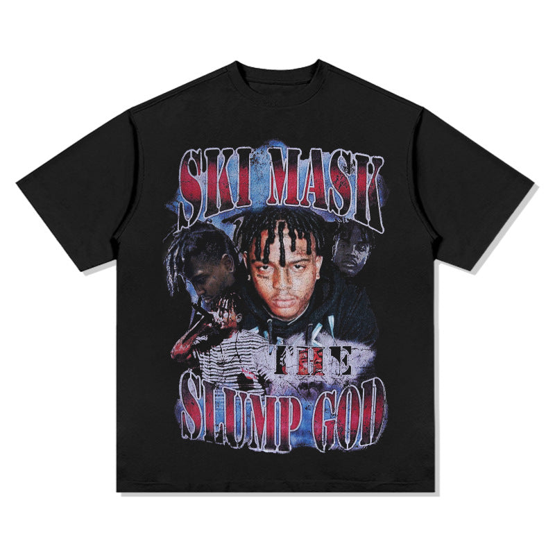 Cool t rapper SKI MASK HIPHOP hip hop character print t-shirt loose Vintage short sleeve top