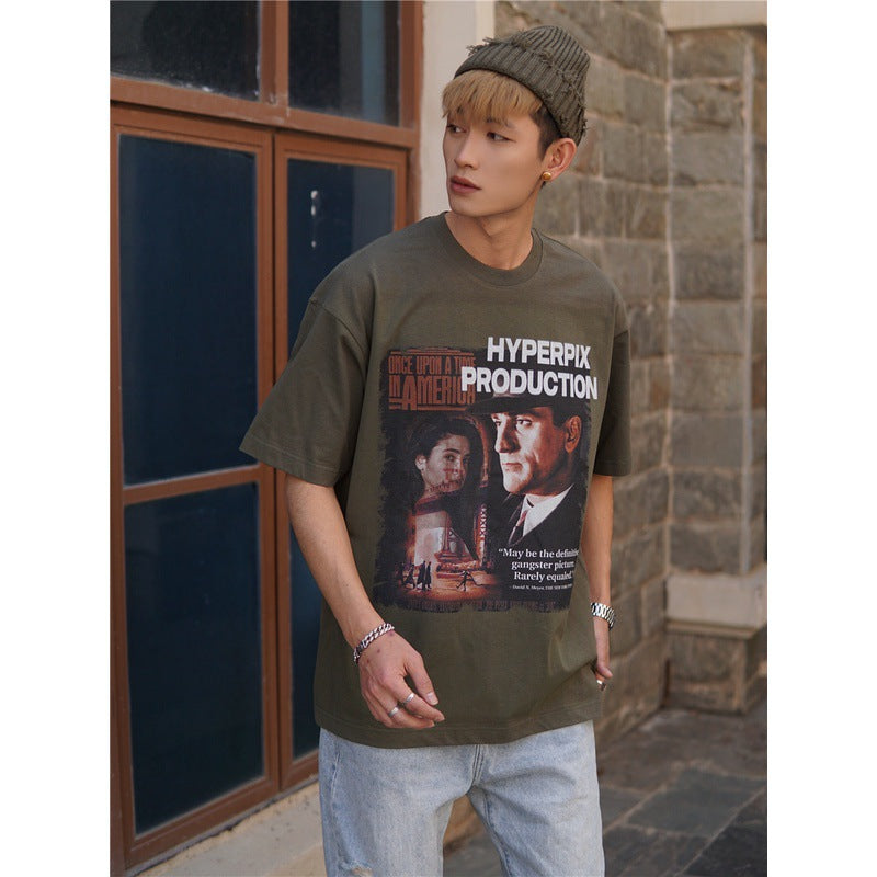 Film Star T Shirt Trendy Cotton Short Sleeve Loose round Neck American Retro T-shirt for Men