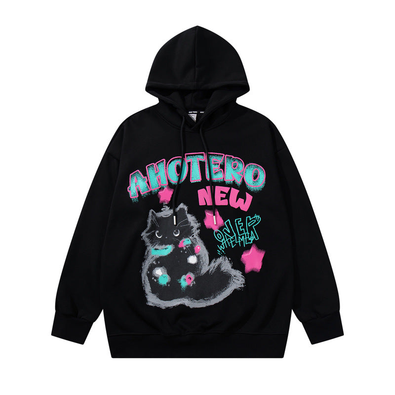 Streetwear Hoodie Cat Print Hooded Sweater Loose Hoodie