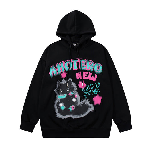 Streetwear Hoodie Cat Print Hooded Sweater Loose Hoodie