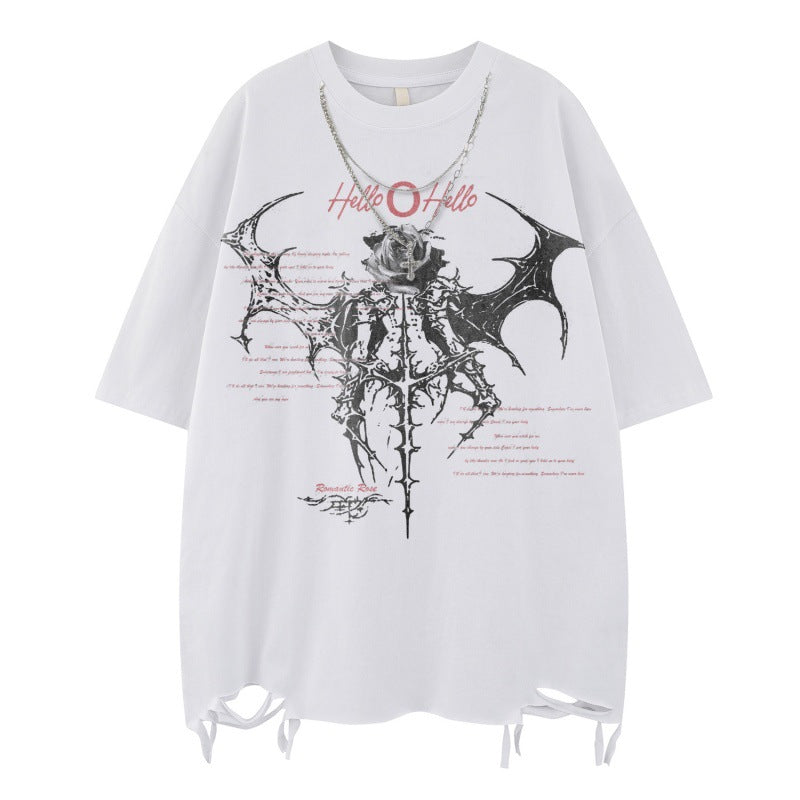 US drip outfits Summer Hip Hop Vintage Rose Casual Loose Short Sleeve T-Shirts