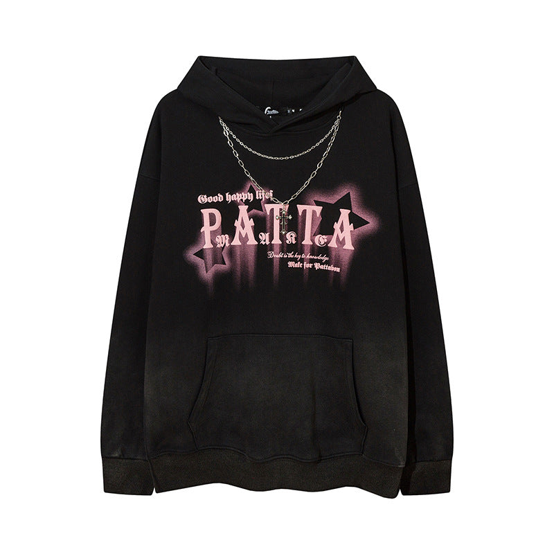 Streetwear Hoodie Vintage Star gradual change hooded sweater hip hop loose strap necklace hoodie