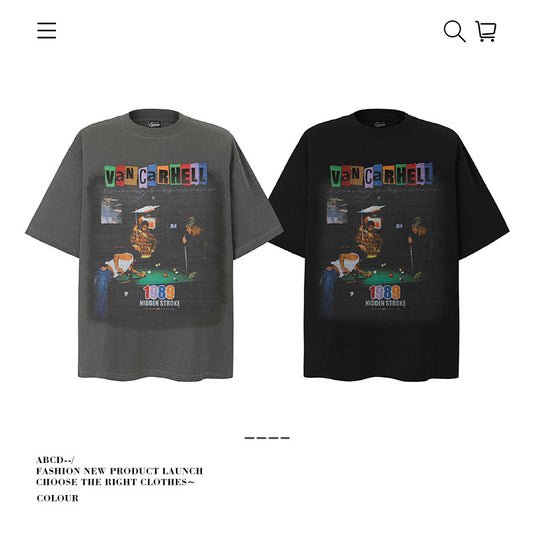 American vintage street T-shirt pure cotton retro men's and women's summer loose half sleeves