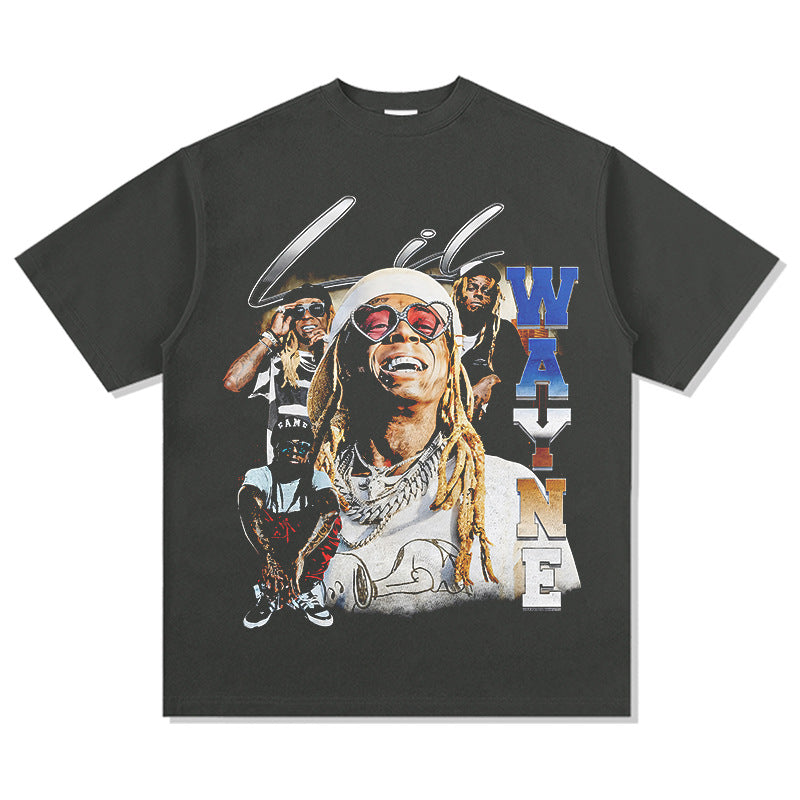 Streetwear masculino retro Lil Wayne print short sleeve t-shirt