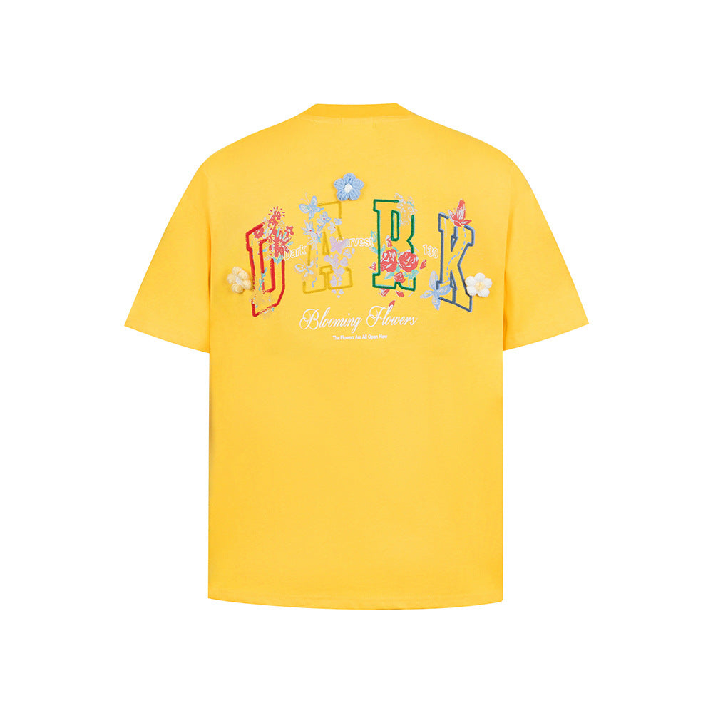 Hip Hop Clothes New York Vintage Embroidery Floral Alphabet Print Short Sleeve T-Shirt