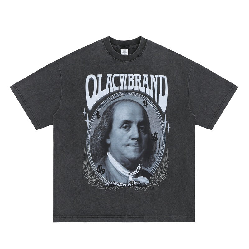 Vic Streetwear Summer Vintage Portrait Print Crew Neck Short Sleeve T-Shirt