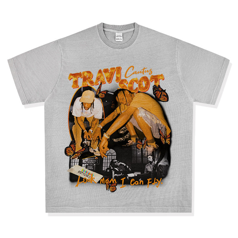 New york hip hop shop BC hip hop rap Travis Scott TS print short sleeve washed old t-shirt