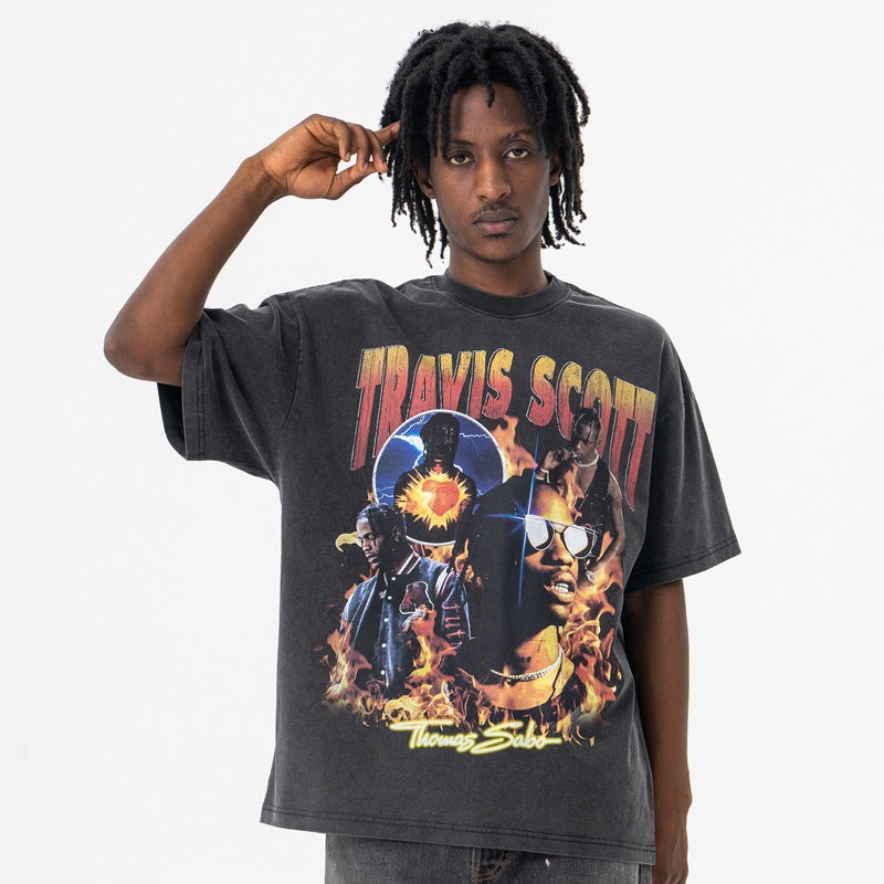 Vintage College Shirts Summer Hip Hop Singer Print Crew Neck Short Sleeve T-Shirt