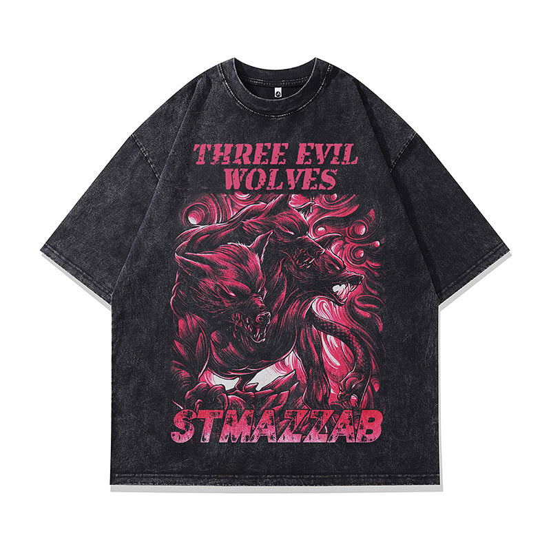 Ropa Vintage Hombre Wolf King Print Vintage Short Sleeve T-Shirt