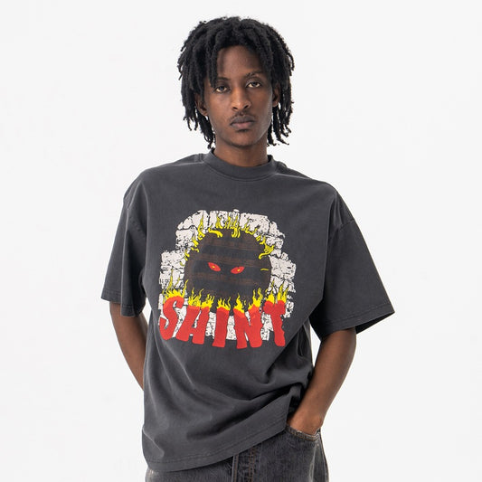 Vintage College Shirts Summer Flame Demon Character Crew Neck Loose Short Sleeve T-Shirt
