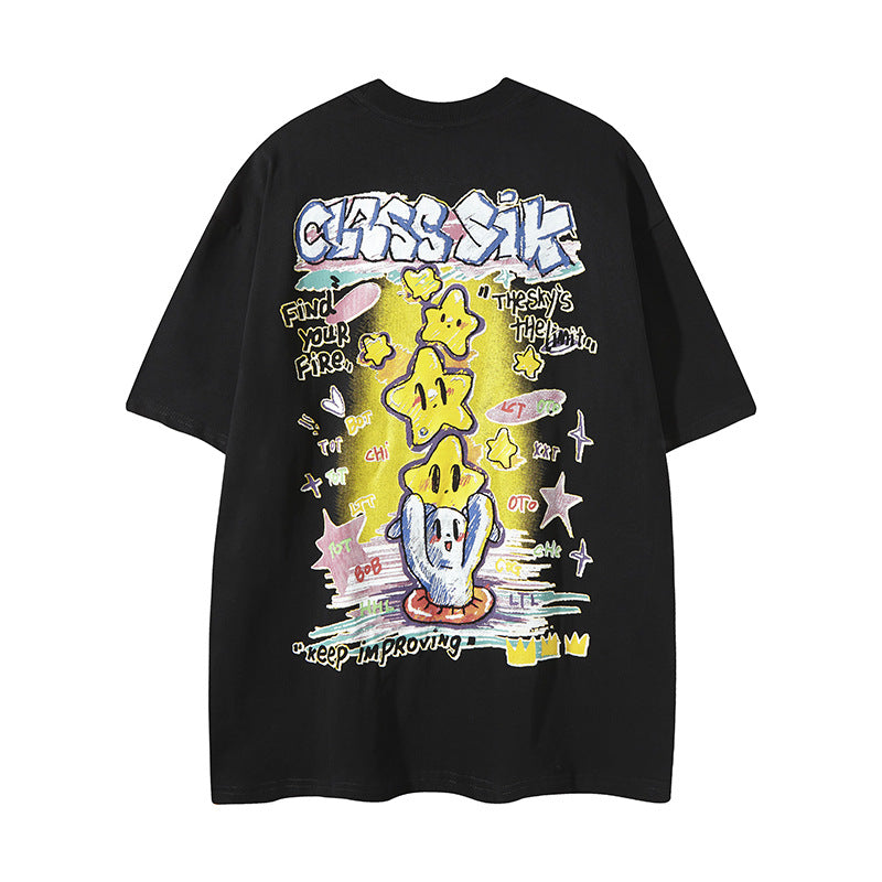 Nyc T Shirt Vintage Graffiti Linked Star Print Short Sleeve T-Shirt Summer Oversize Top