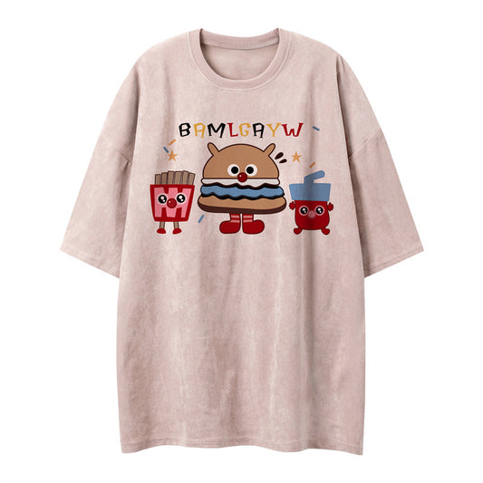 US drip outfits summer vintage burger print casual loose short sleeve T-Shirts