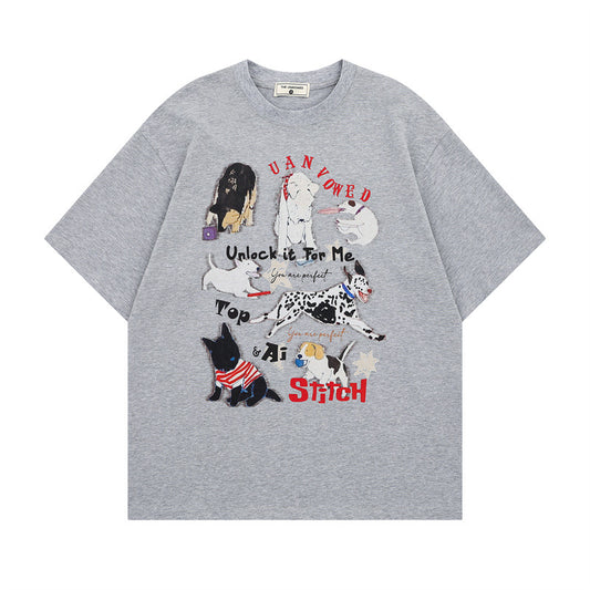 US drip outfits summer vintage doggy print casual loose short sleeve T-Shirts