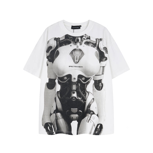 1990 Fashion T-Shirt Washed and Old Robot Printed Short Sleeve