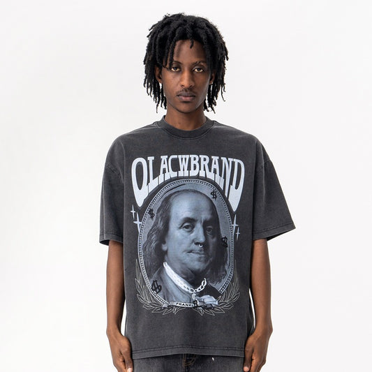 Vic Streetwear Summer Vintage Portrait Print Crew Neck Short Sleeve T-Shirt