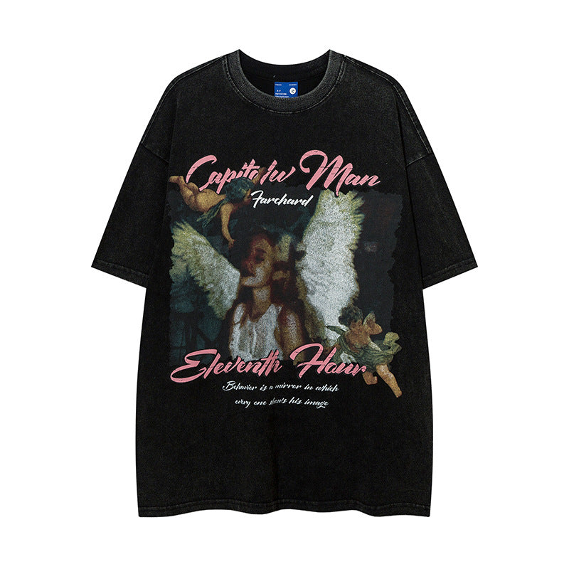 Vintage T Shirts Hip Hop Angel Print Washing Water Old Short Sleeve T-Shirt