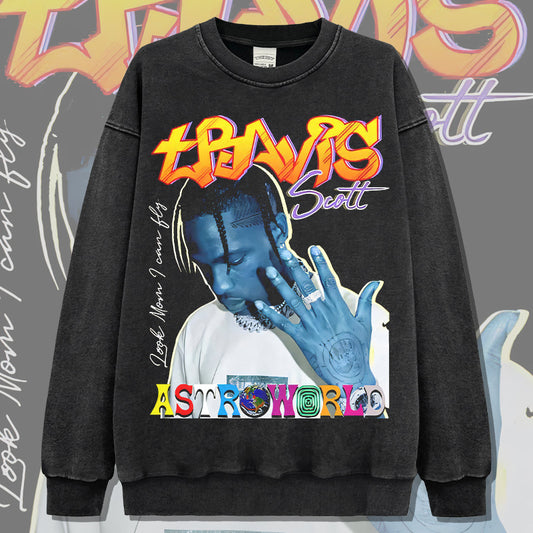 Marcas streetwear usa TravisScott vintage print wash crew neck sweater