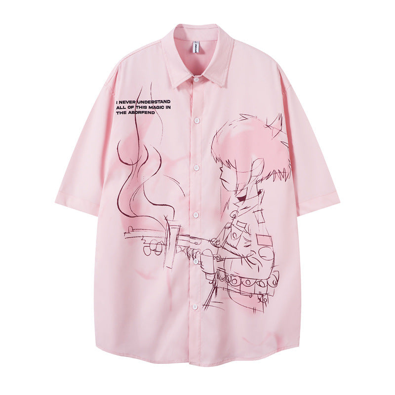 US drip outfits Summer Vintage Cartoon Boy Casual Loose Short Sleeve T-Shirts