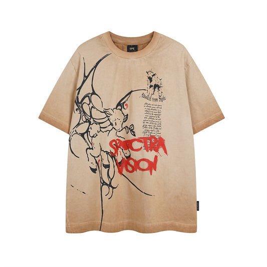 Y2K mens shirt washed tie-dye spray-painted retro round neck short sleeve T