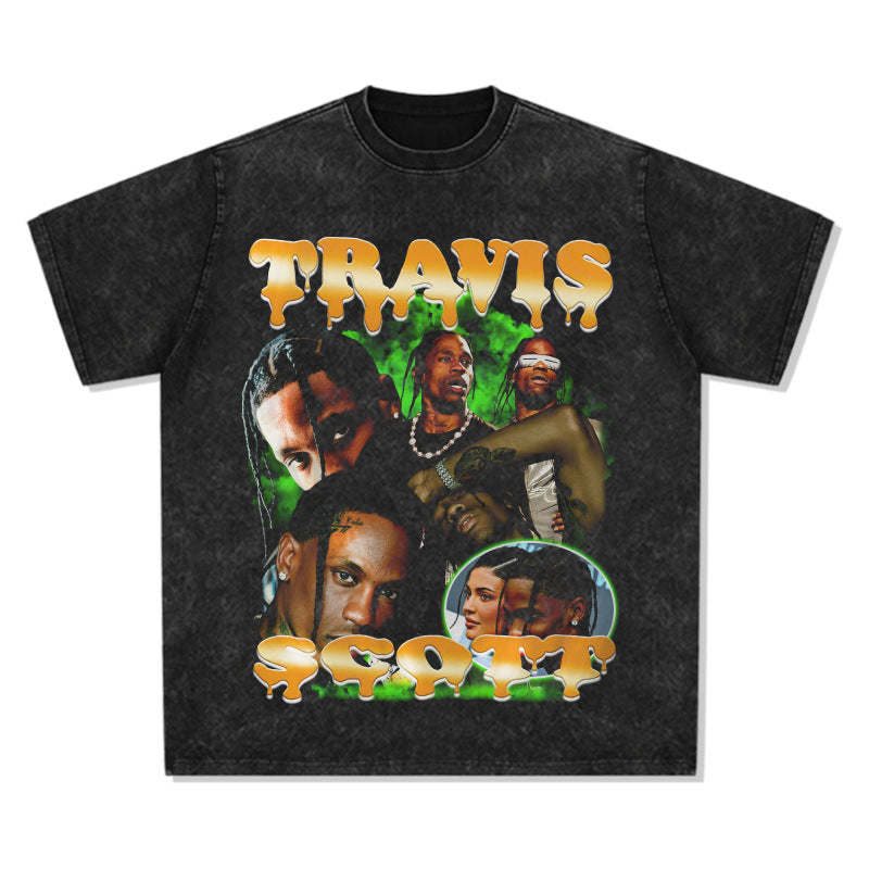 Streetwear masculino vintage hip hop Travis Scott Travis print short sleeve t-shirt