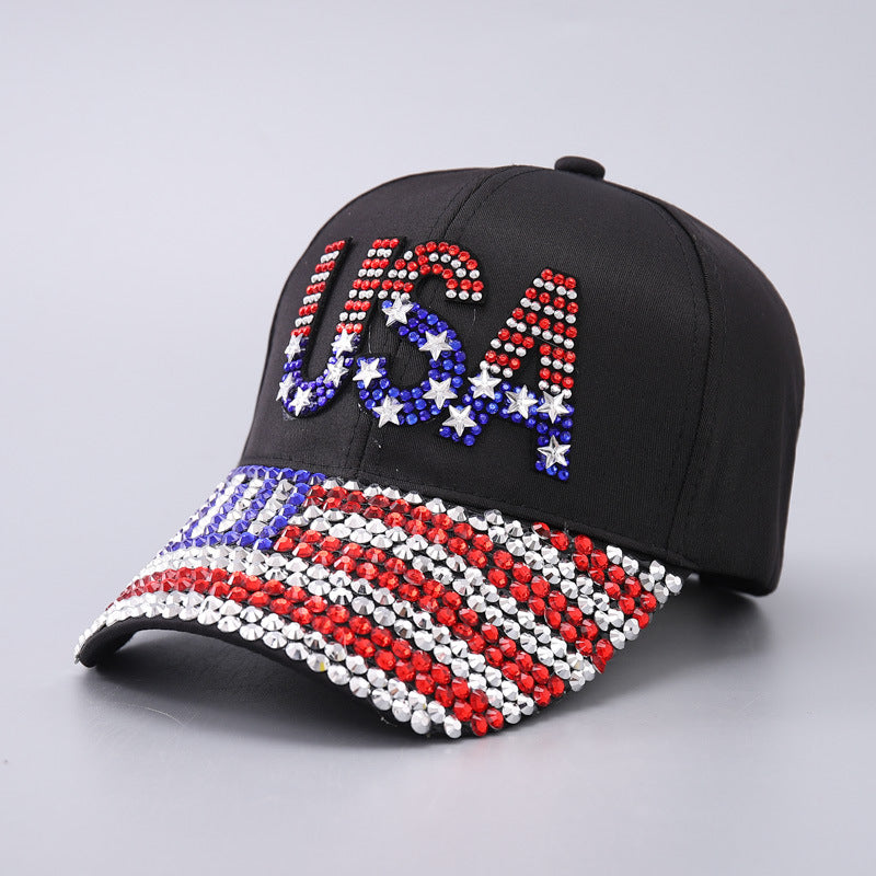 Vintage Usa Cap Baseball Cap Men's and Women's Rhinestone Curved Eaves
