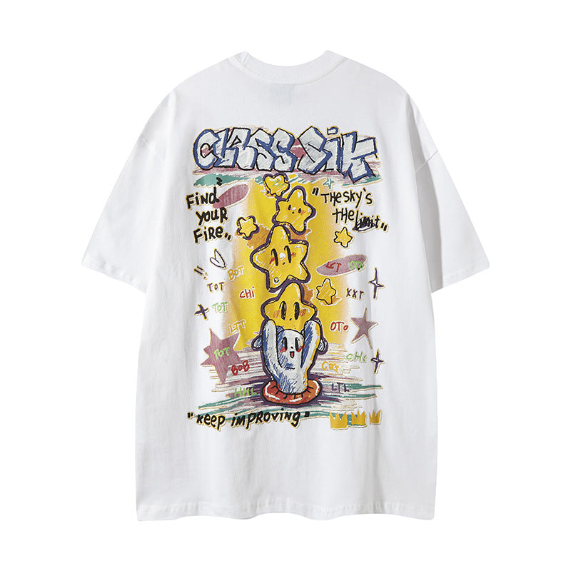 Nyc T Shirt Vintage Graffiti Linked Star Print Short Sleeve T-Shirt Summer Oversize Top