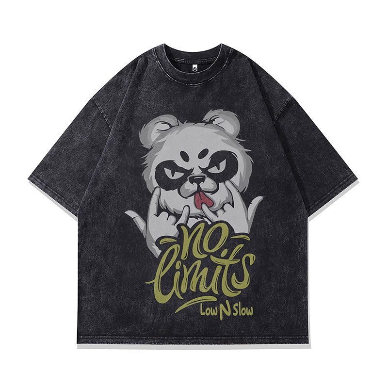 Ropa Vintage Hombre Washed Old Panda Print Short Sleeve T-Shirt