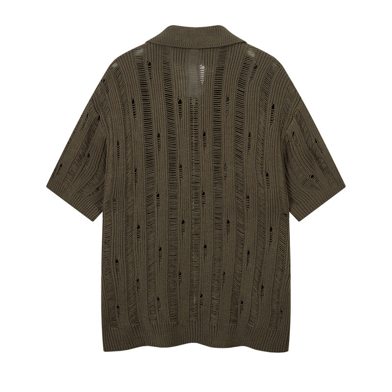 Casual Street Wear Vintage Hollow Knitted Short Sleeve Shirt Summer Casual Lapel Loose