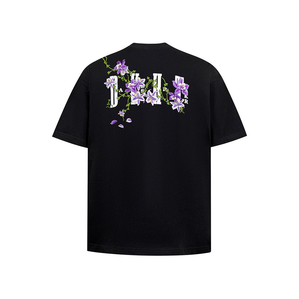 Hip Hop Clothes New York Vintage Floral Embroidery Short Sleeve T-Shirt