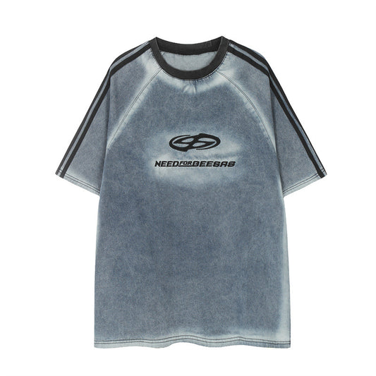 US drip outfits summer retro do old letter print casual loose short sleeve T-Shirts