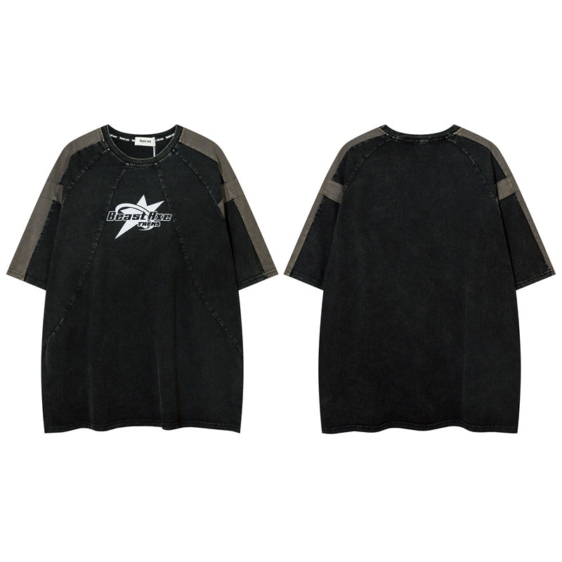 Y2K mens shirt contrasting color short-sleeved t-shirt casual
