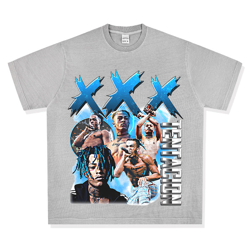 Streetwear masculino vintage hip hop rap XXX Tentacion print short sleeve t-shirt