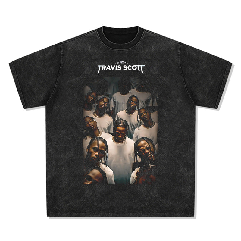 Streetwear masculino hip hop Travis scott rap character print washed do old loose short sleeve t-shirt
